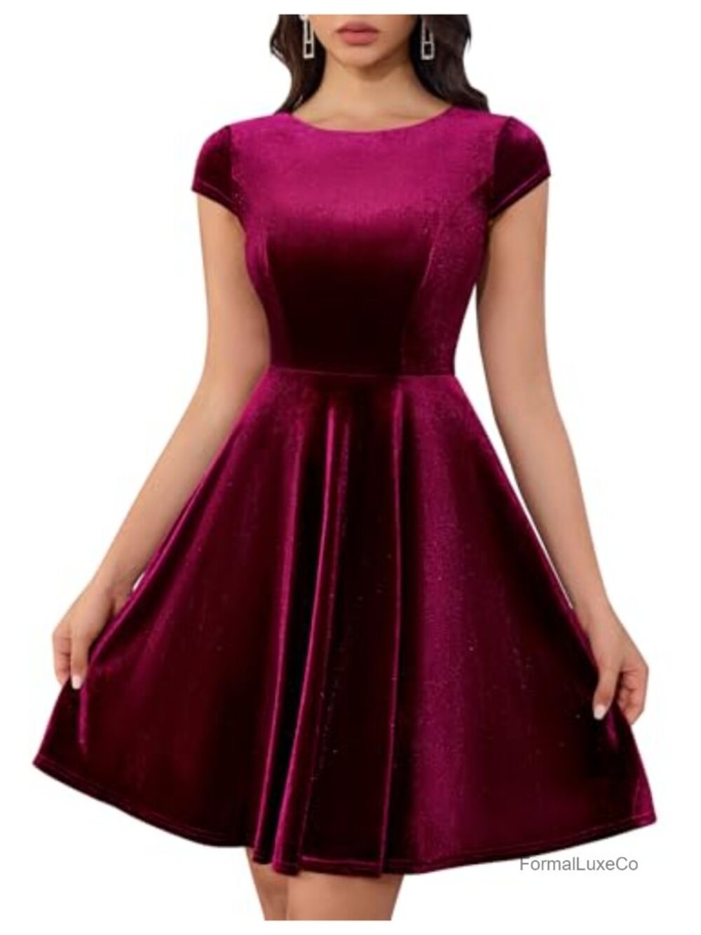 Velvet Cap Sleeve A Line V Neck Knee Length Vintage Cocktail Party Dress